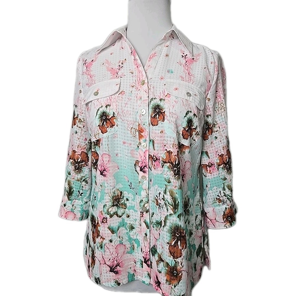 Kim Rogers Floral Women's Button Up Top Elbow Tab-Sleeve Petite Small PS New